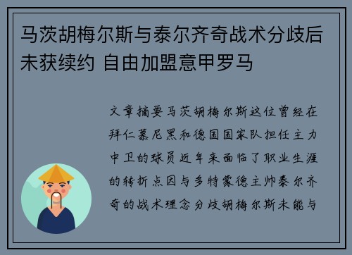 马茨胡梅尔斯与泰尔齐奇战术分歧后未获续约 自由加盟意甲罗马